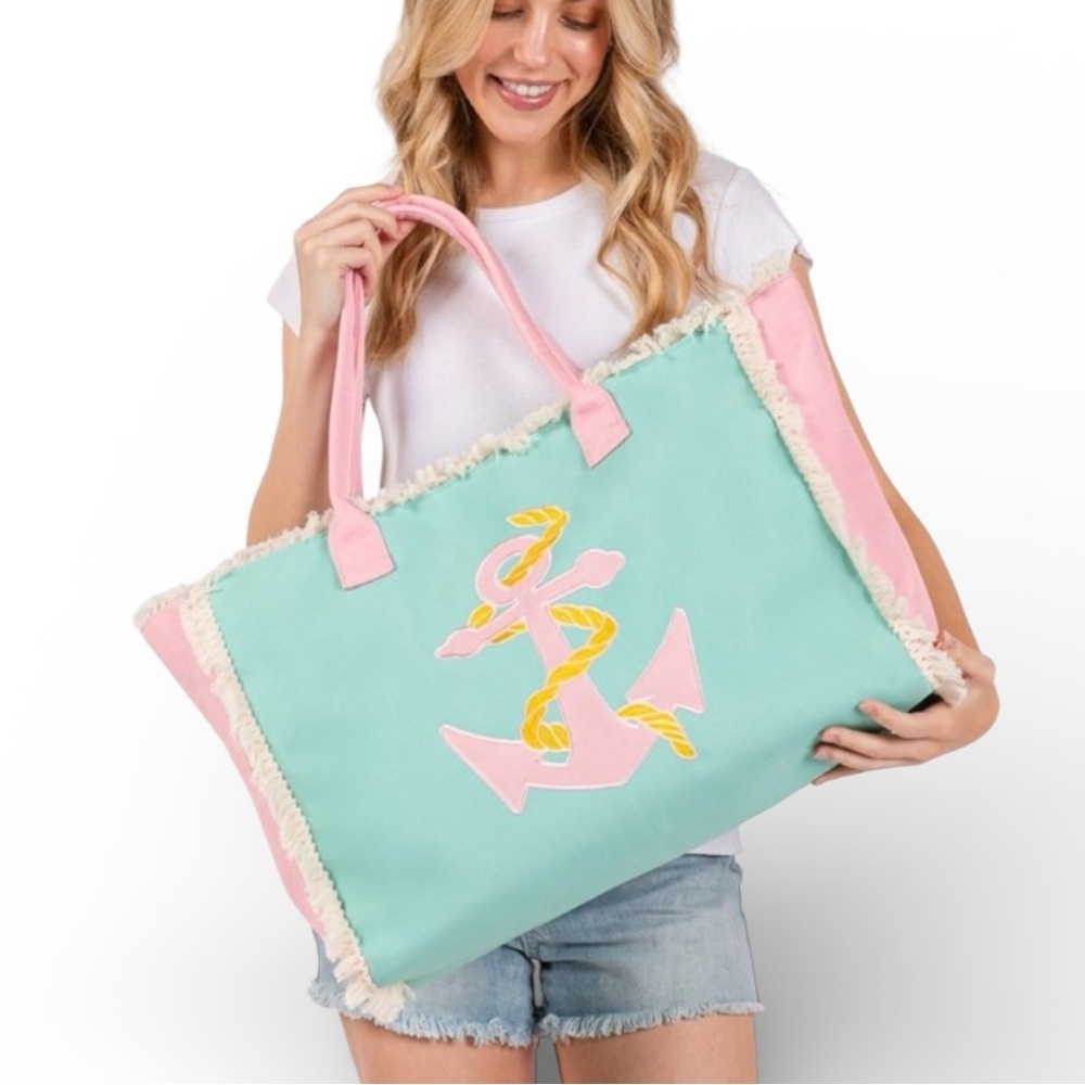 Pastel Anchor Tote Bag Fringe